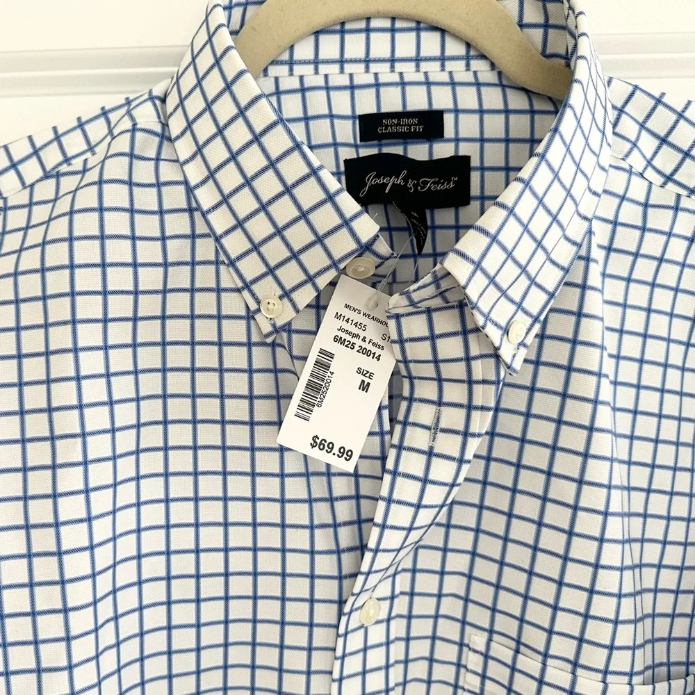Joseph & Feiss Blue & White Checkered Non Iron Classic Fit Cotton Dress Shirt